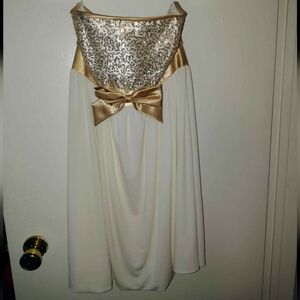 Gunne Sax Cream and Gold Sequin Bow Strapless Dress